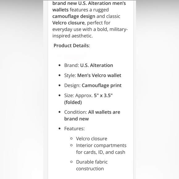 U.S Alteration Camouflage Green and Brown Wallet w/Velcro Closure NWT - Picture 7 of 7